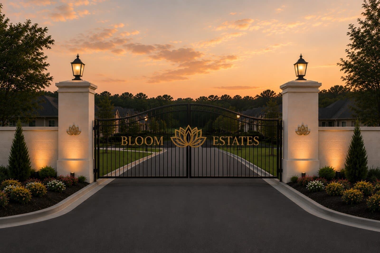 The private gated entrance concept for Bloom Estates, with both pillars in view